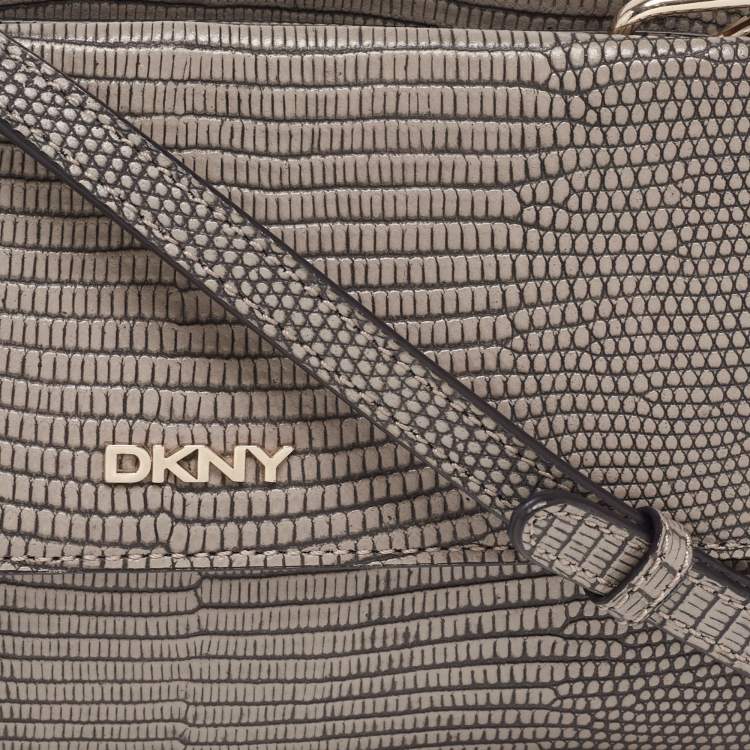 مملوكة مسبقًا DKNY Grey Lizard Embossed Leather Double Flap Crossbody Bag
