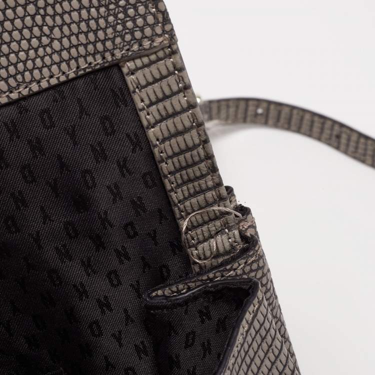 مملوكة مسبقًا DKNY Grey Lizard Embossed Leather Double Flap Crossbody Bag