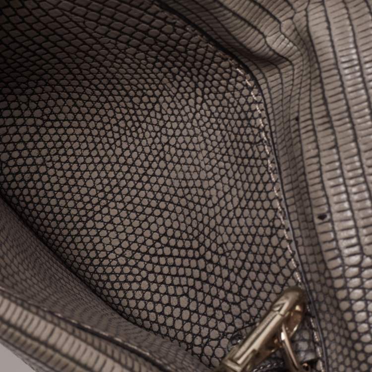 مملوكة مسبقًا DKNY Grey Lizard Embossed Leather Double Flap Crossbody Bag