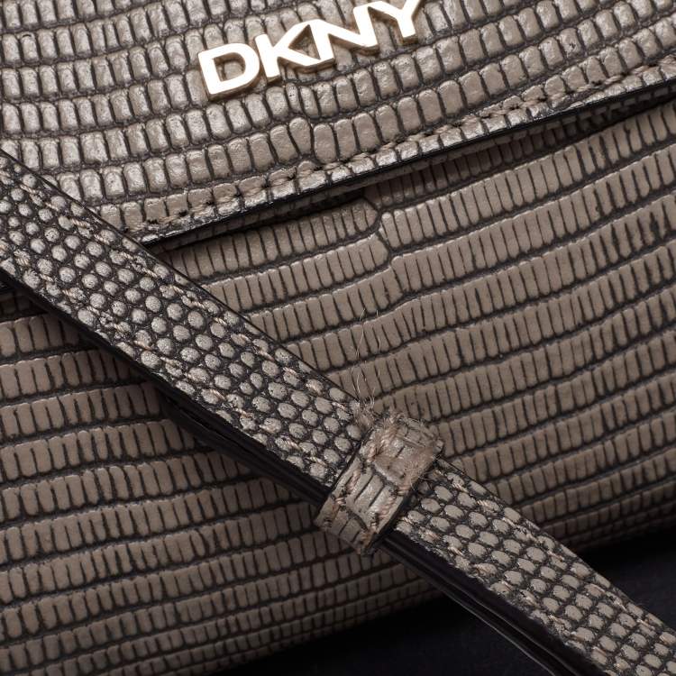 مملوكة مسبقًا DKNY Grey Lizard Embossed Leather Double Flap Crossbody Bag