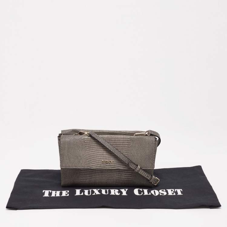 مملوكة مسبقًا DKNY Grey Lizard Embossed Leather Double Flap Crossbody Bag