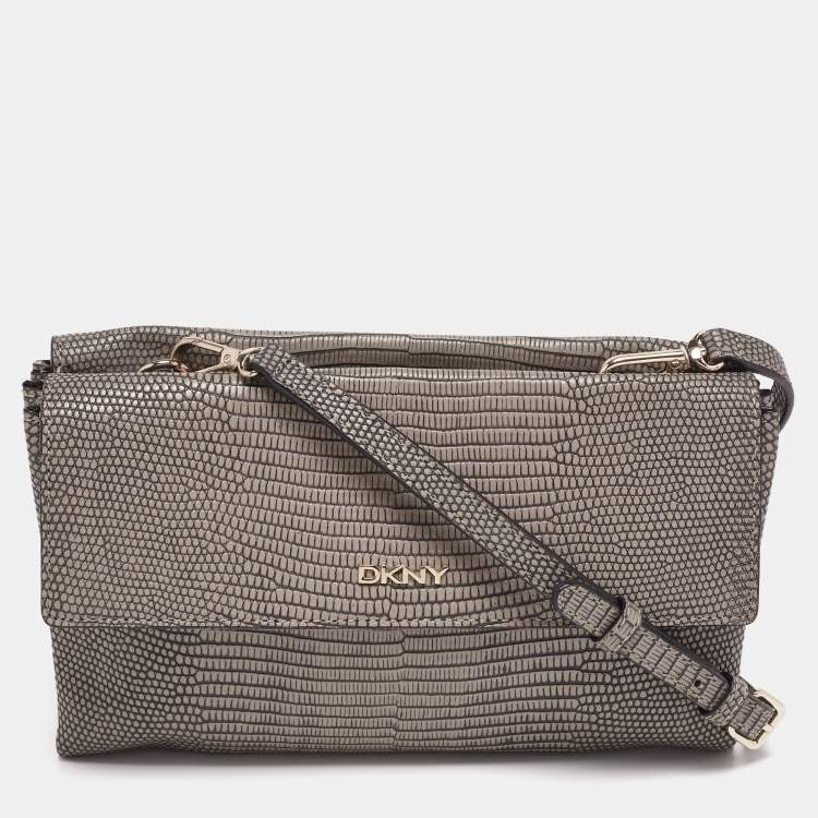 مملوكة مسبقًا DKNY Grey Lizard Embossed Leather Double Flap Crossbody Bag