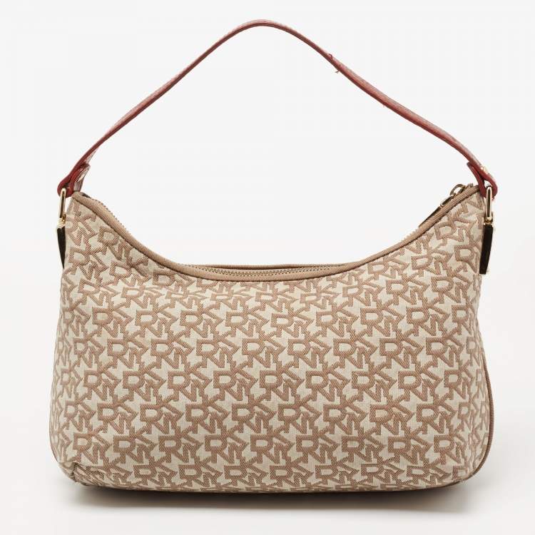 Pre Owned Dkny Beige/Rust Signature Canvas and Leather Baguette Bag
