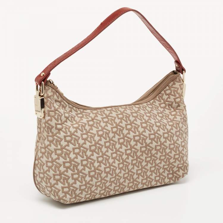 Pre Owned Dkny Beige/Rust Signature Canvas and Leather Baguette Bag