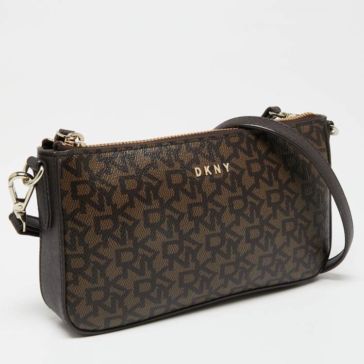 Pre Owned Dkny Brown Signature Coated Canvas and Leather Crossbody Bag