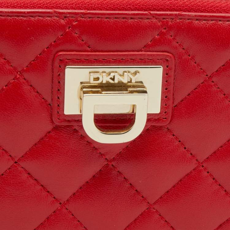 Pre Owned DKNY Red Quilted Leather Zip Around Wallet