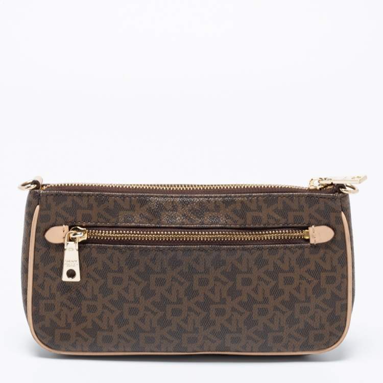 Pre Owned DKNY Brown Signature Coated Canvas and Leather Crossbody Bag