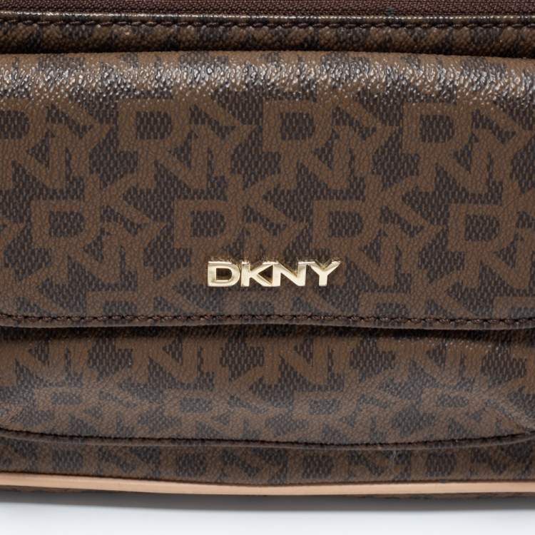 Pre Owned DKNY Brown Signature Coated Canvas and Leather Crossbody Bag