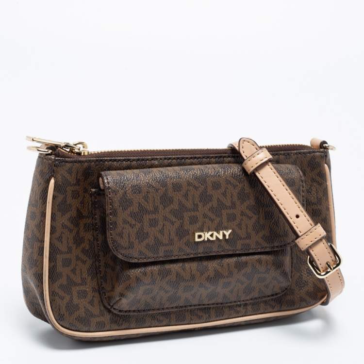 Pre Owned DKNY Brown Signature Coated Canvas and Leather Crossbody Bag