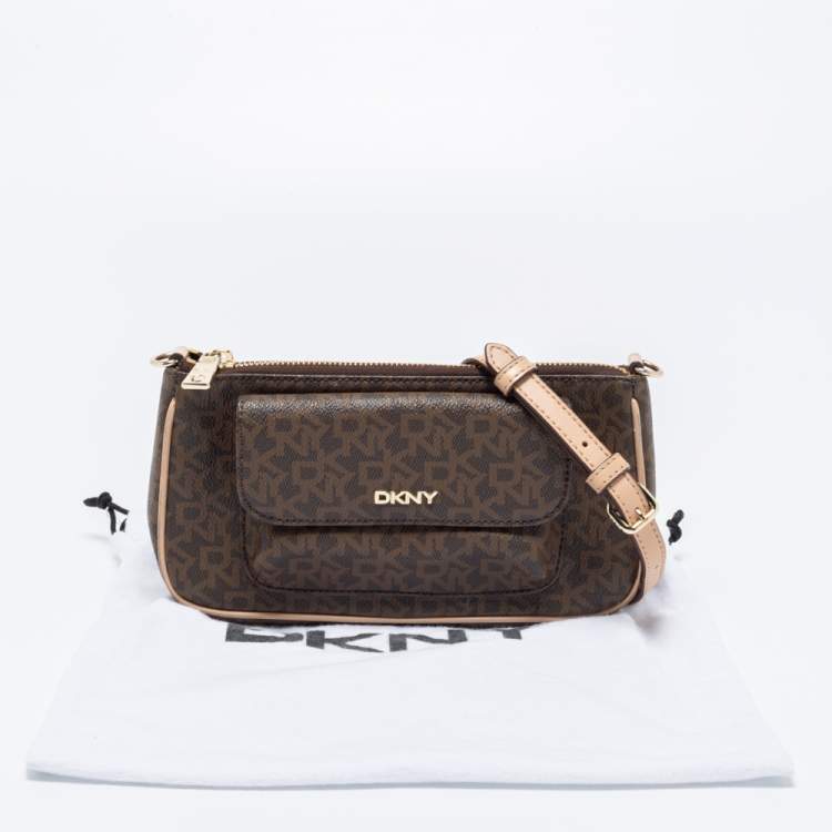 Pre Owned DKNY Brown Signature Coated Canvas and Leather Crossbody Bag