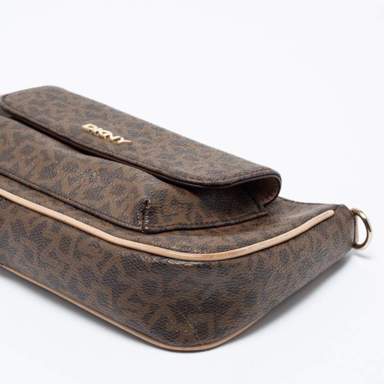 Pre Owned DKNY Brown Signature Coated Canvas and Leather Crossbody Bag