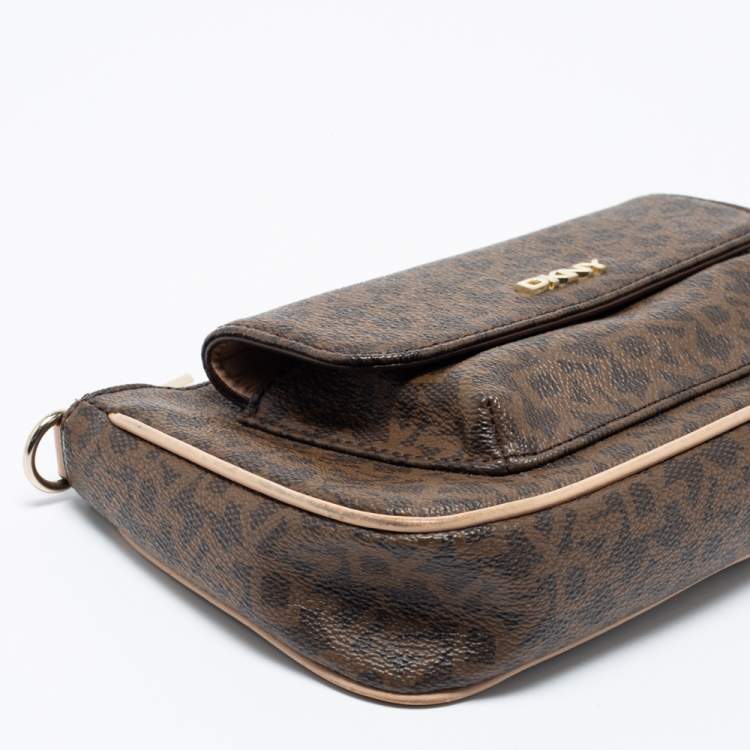 Pre Owned DKNY Brown Signature Coated Canvas and Leather Crossbody Bag