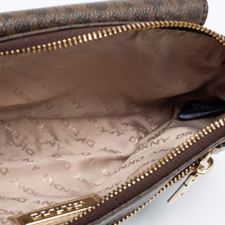 Pre Owned DKNY Brown Signature Coated Canvas and Leather Crossbody Bag