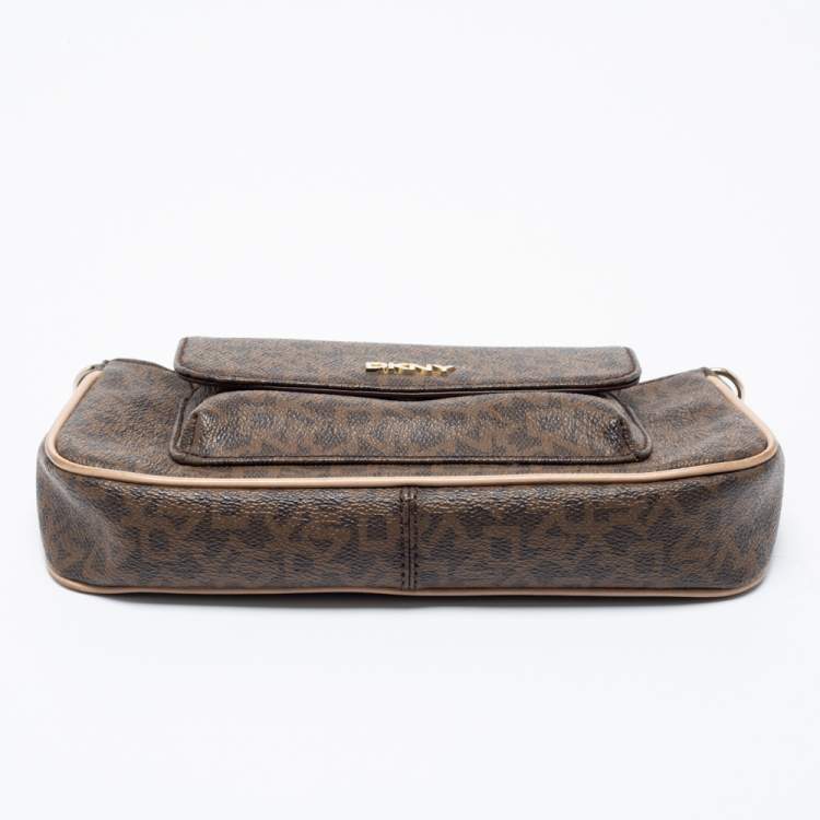 Pre Owned DKNY Brown Signature Coated Canvas and Leather Crossbody Bag