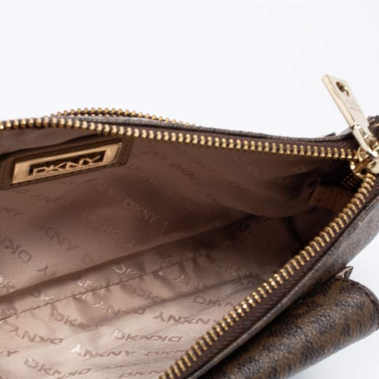 Pre Owned DKNY Brown Signature Coated Canvas and Leather Crossbody Bag