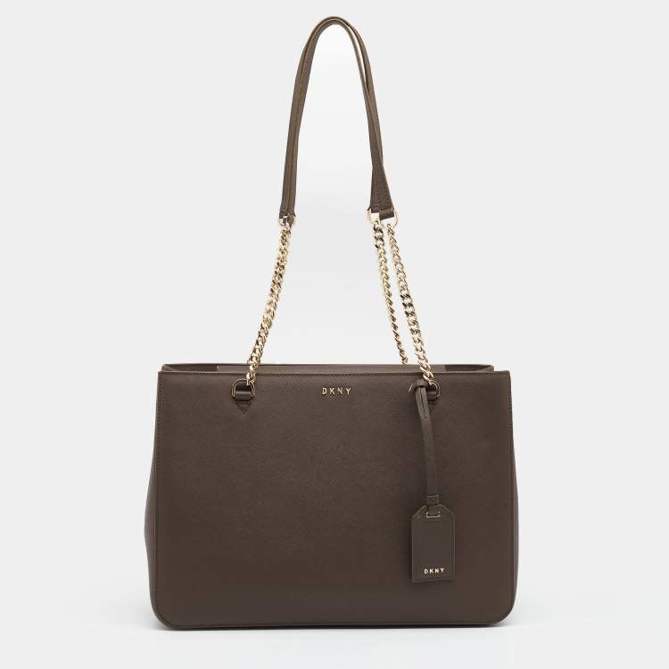 Pre Owned DKNY Olive Green Leather Bryant Park Chain Tote