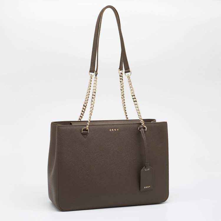 Pre Owned DKNY Olive Green Leather Bryant Park Chain Tote
