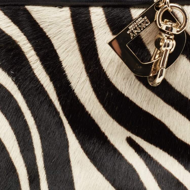 مملوكة مسبقًا DKNY Black/White Zebra Print Calfhair and Leather Snap Tote 