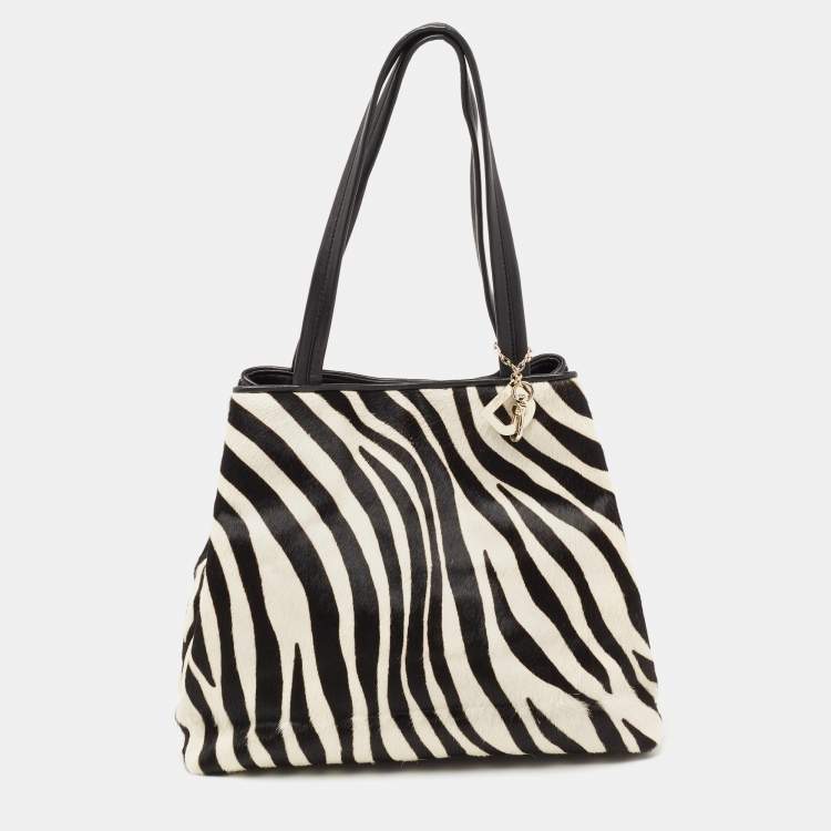 مملوكة مسبقًا DKNY Black/White Zebra Print Calfhair and Leather Snap Tote 