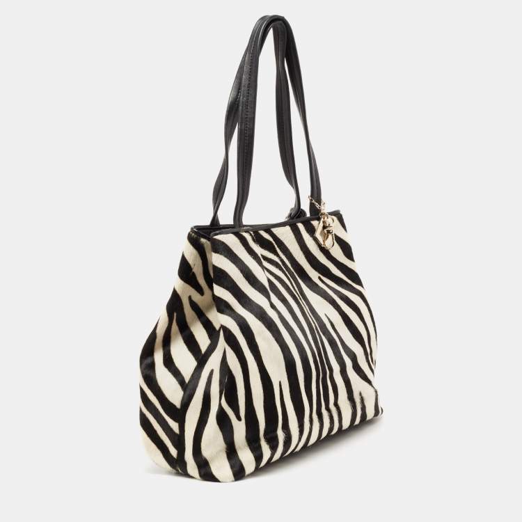 مملوكة مسبقًا DKNY Black/White Zebra Print Calfhair and Leather Snap Tote 