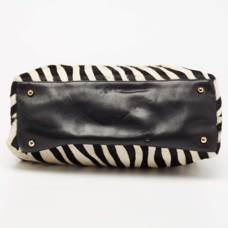 مملوكة مسبقًا DKNY Black/White Zebra Print Calfhair and Leather Snap Tote 