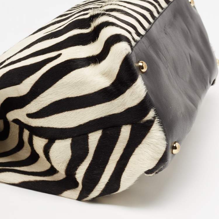 مملوكة مسبقًا DKNY Black/White Zebra Print Calfhair and Leather Snap Tote 