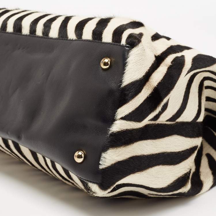 مملوكة مسبقًا DKNY Black/White Zebra Print Calfhair and Leather Snap Tote 