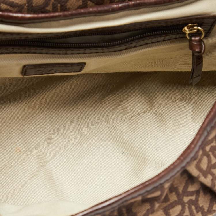 Pre Owned DKNY Brown Signature Canvas and Croc Embossed Leather Push Lock Flap Hobo
