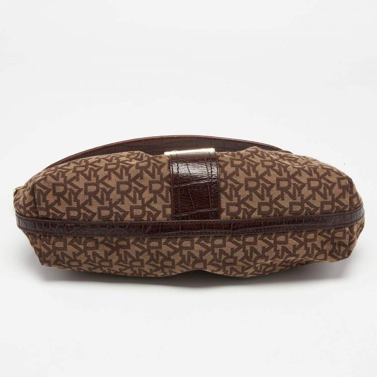 Pre Owned DKNY Brown Signature Canvas and Croc Embossed Leather Push Lock Flap Hobo