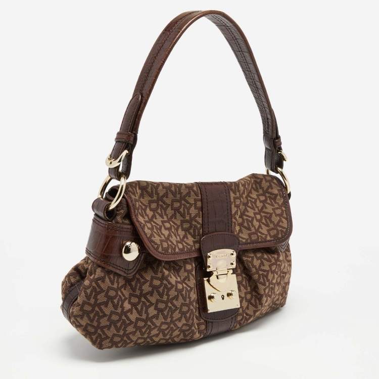 Pre Owned DKNY Brown Signature Canvas and Croc Embossed Leather Push Lock Flap Hobo