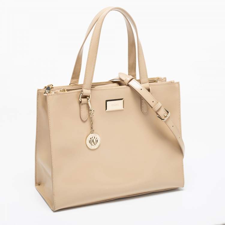 Pre Owned DKNY Beige Glossy Leather Double Zip Tote