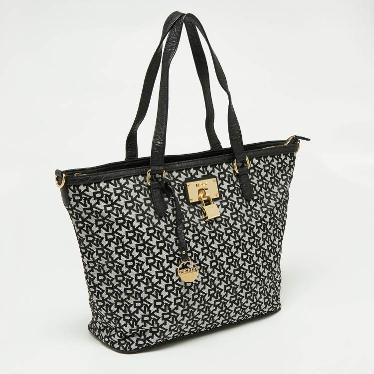Pre Owned DKNY Black/White Signature Canvas and Leather Shopper Tote