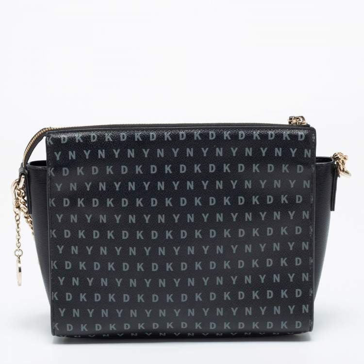 Pre Owned DKNY Black/Grey Coated Canvas Ava Zip Crossbody Bag