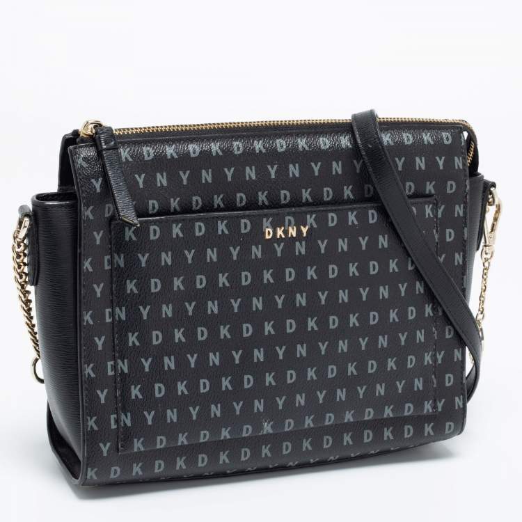 Pre Owned DKNY Black/Grey Coated Canvas Ava Zip Crossbody Bag