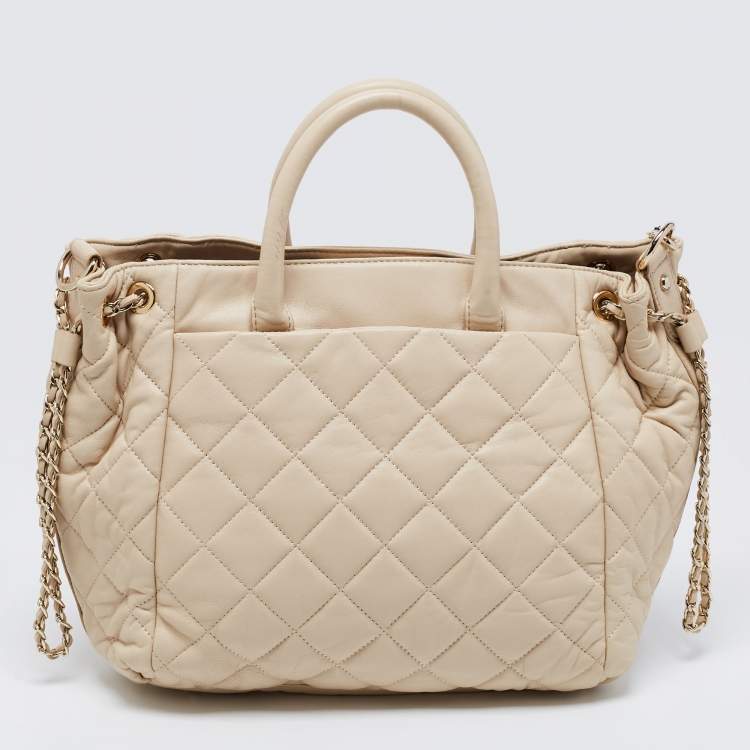 Pre Owned DKNY Beige Quilted Leather Side Chain Turnlock Tote