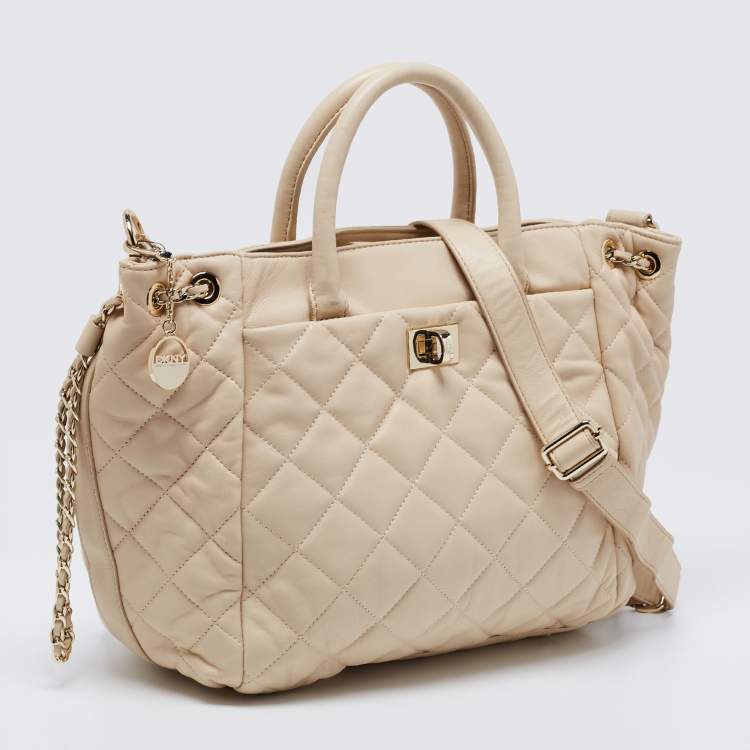 Pre Owned DKNY Beige Quilted Leather Side Chain Turnlock Tote