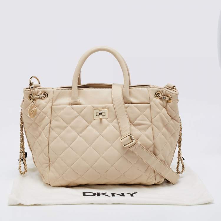 Pre Owned DKNY Beige Quilted Leather Side Chain Turnlock Tote
