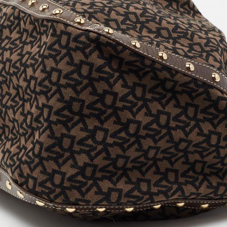 Pre Owned DKNY Brown/Black Signature Canvas And Leather Studded Hobo