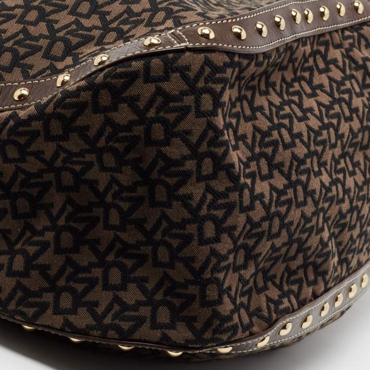 Pre Owned DKNY Brown/Black Signature Canvas And Leather Studded Hobo