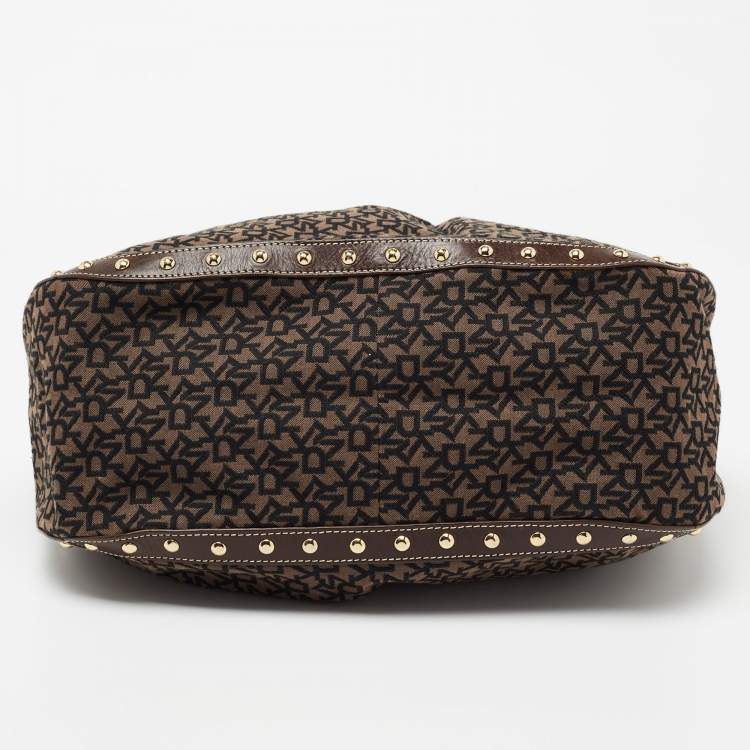 Pre Owned DKNY Brown/Black Signature Canvas And Leather Studded Hobo