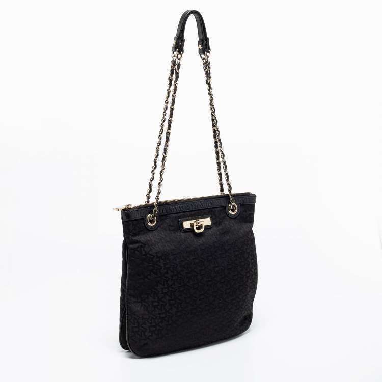 Pre Owned DKNY Black Signature Canvas Chain Shoulder Bag