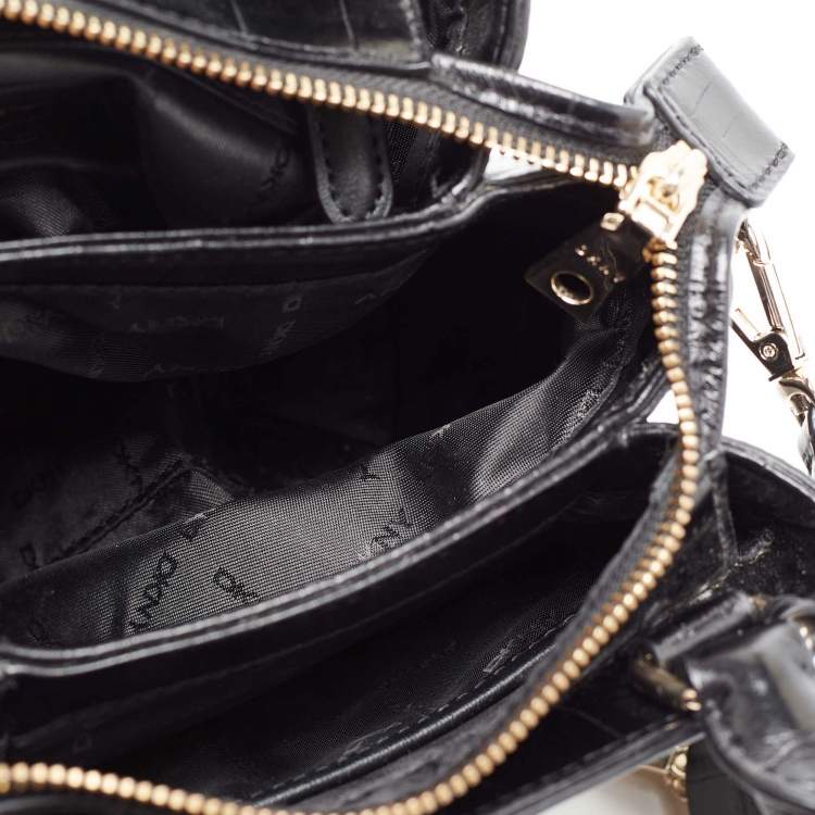 Pre Owned DKNY Black Croc Embossed Leather Zip Satchel
