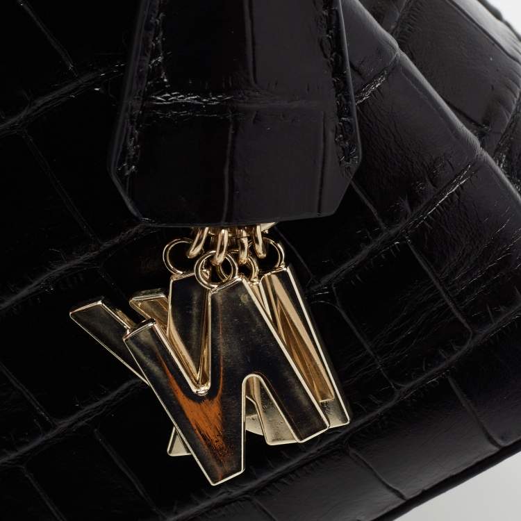 Pre Owned DKNY Black Croc Embossed Leather Zip Satchel