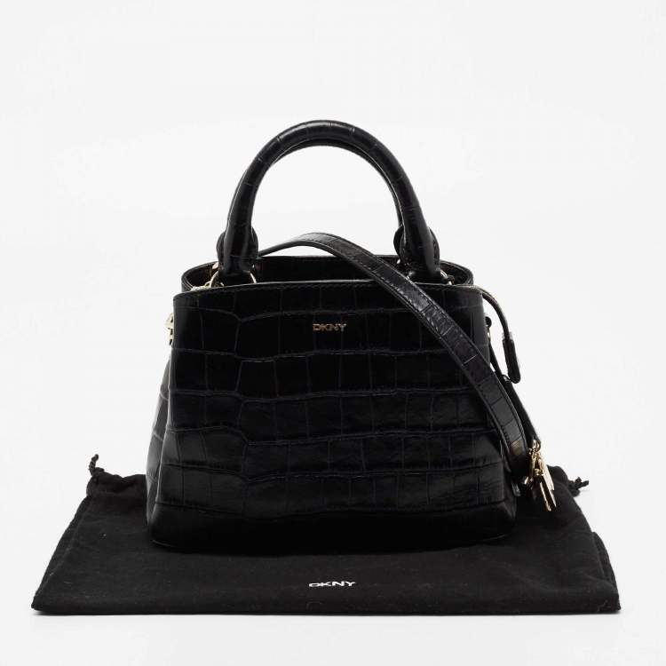 Pre Owned DKNY Black Croc Embossed Leather Zip Satchel