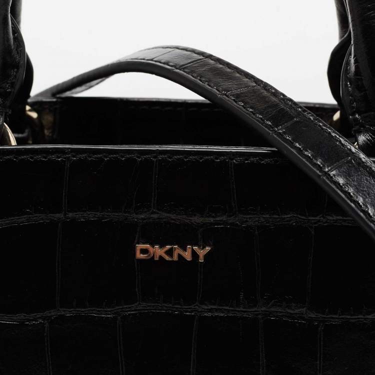 Pre Owned DKNY Black Croc Embossed Leather Zip Satchel