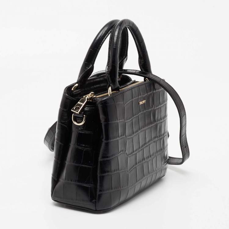 Pre Owned DKNY Black Croc Embossed Leather Zip Satchel