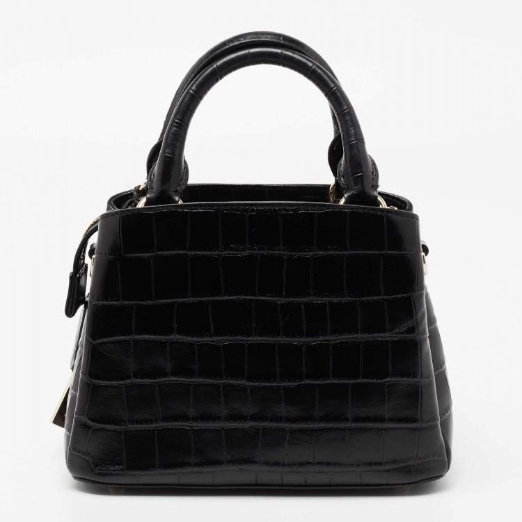Pre Owned DKNY Black Croc Embossed Leather Zip Satchel