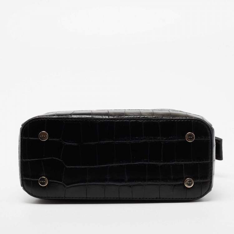 Pre Owned DKNY Black Croc Embossed Leather Zip Satchel