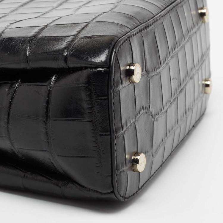 Pre Owned DKNY Black Croc Embossed Leather Zip Satchel