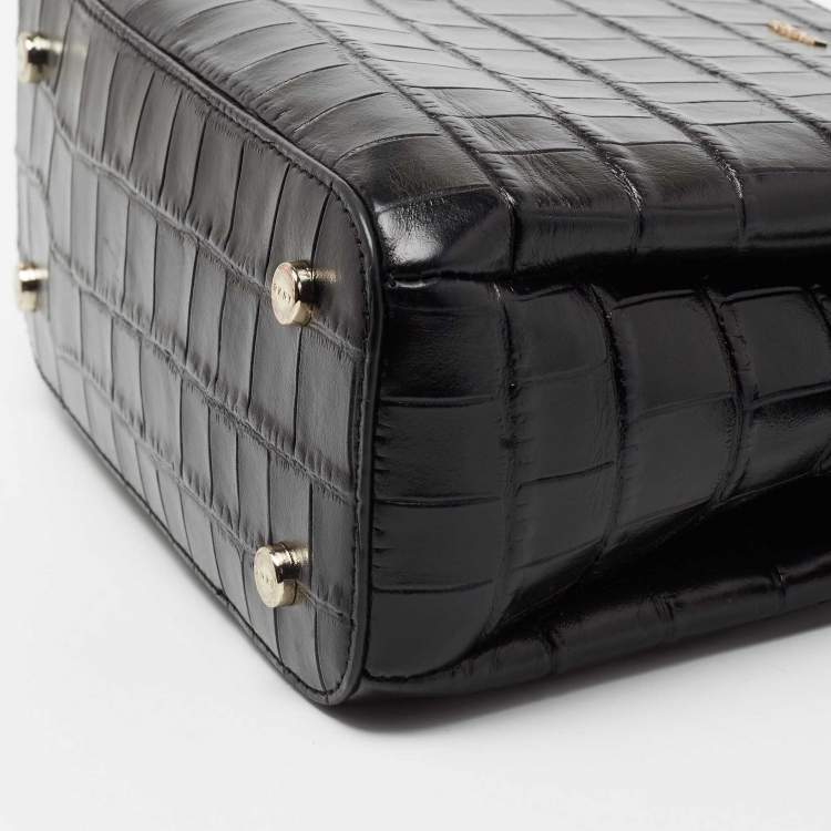 Pre Owned DKNY Black Croc Embossed Leather Zip Satchel